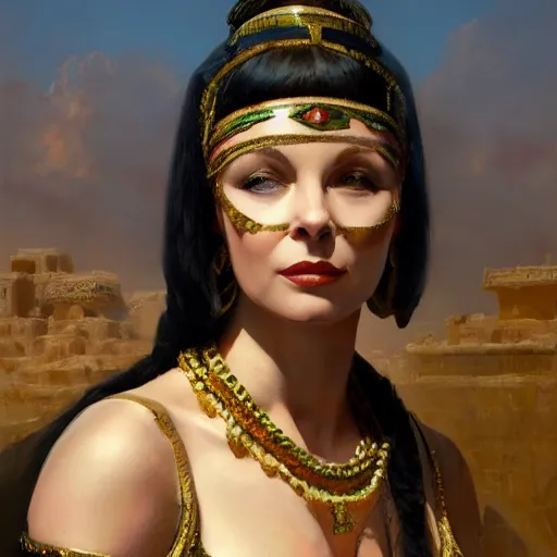 Image similar to closeup portrait of a young vivian leigh as cleopatra, palace background, dramatic light, gorgeous view, depth, high detail, digital art, painted by greg rutkowski, trending on artstation