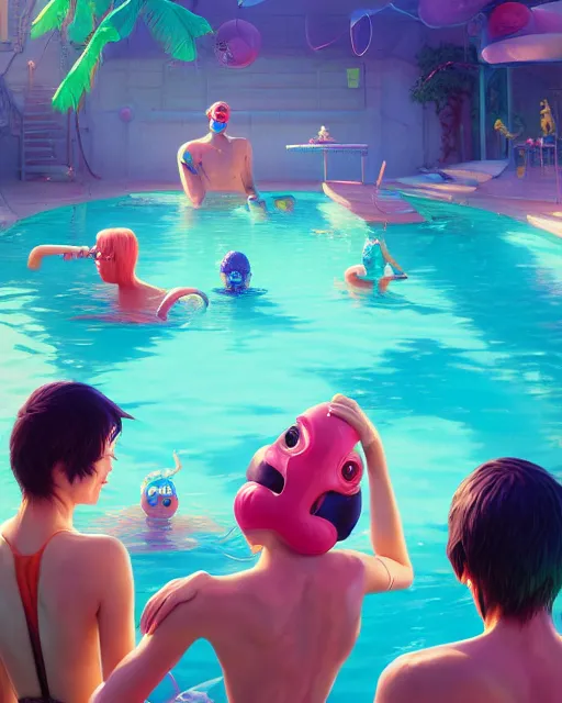 Image similar to highly detailed surreal vfx portrait of an anthropomorphic candy pool party, stephen bliss, unreal engine, greg rutkowski, loish, rhads, beeple, makoto shinkai and lois van baarle, ilya kuvshinov, rossdraws, tom bagshaw, global illumination, detailed and intricate environment