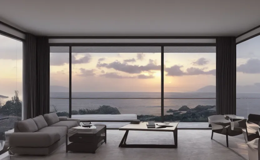 Prompt: a interior photo of a furnished modern house with a large window with view to the sea at sunset, octane render, unreal engine 5, godrays, ray tracing, hyperrealistic, full of luxury furniture, calm, relaxing, complementary colors, warm lighting, clouds in the sky, concept art, 4k, high quality, highly detailed, trending on DeviantArt, beautiful