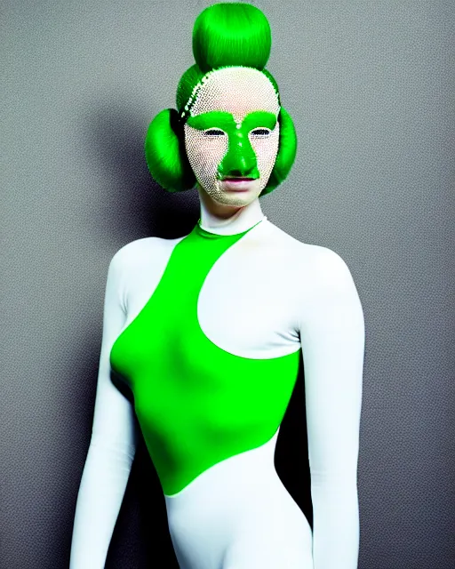 Image similar to portrait of a woman wearing a white embroidered translucent silicone mask and white green frizzy hair buns, wearing a black bodysuit by alexander mcqueen, cream white background, soft diffused light, biotechnology, humanoide robot, bjork aesthetic, translucent, by rineke dijkstra, intricate details, highly detailed, masterpiece,