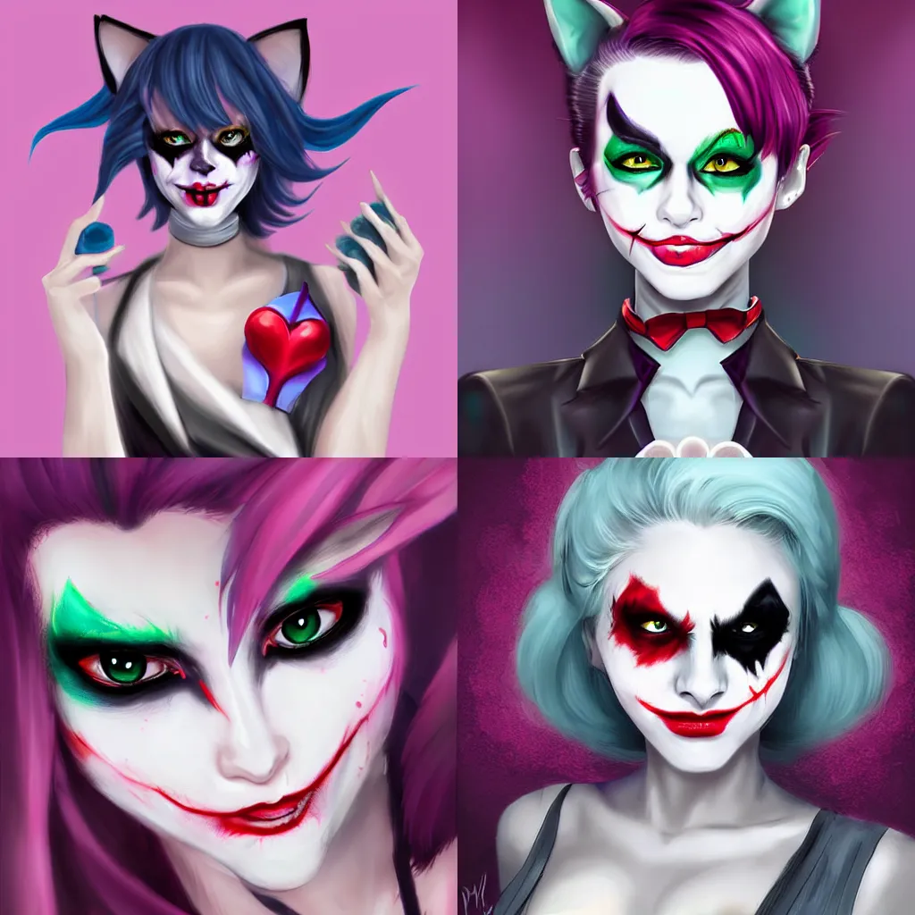 Prompt: a cute catgirl wearing joker makeup. Digital Art, wlop