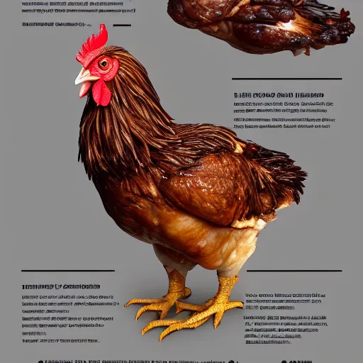 Prompt: chicken, anatomy half cut, infographic, higly detailed, 8 k, photorealistic, art concept, artstation, sharp focus
