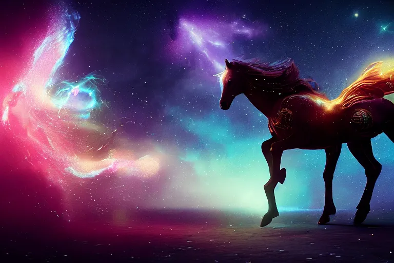 Image similar to a stunning horse made of a illuminated star chart running through a space nebula by greg rutkowski, high key lighting, volumetric light, digital art, highly detailed, fine detail, intricate, ornate, complex, octane render, unreal engine, photorealistic