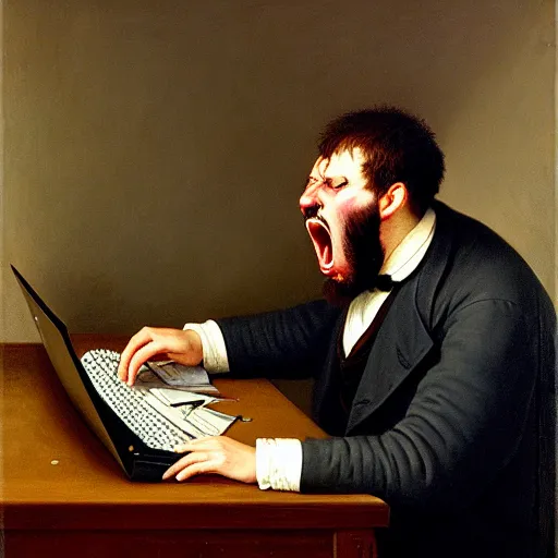 Image similar to an angry man yells at his computer monitor, oil on canvas, 1 8 8 3, highly detailed