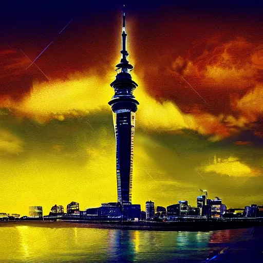 Prompt: auckland sky tower, fantasy, digital art, evil