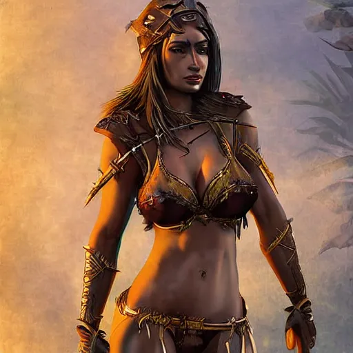 Image similar to digital art of female warrior in bikini armor in highly detailed fantasy jungle