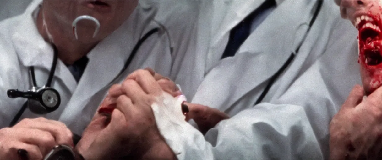 Image similar to filmic closeup dutch angle movie still 4k UHD 35mm film color photograph of a screaming horrified doctor looking down at his freshly amputated hand, where his wrist has been freshly severed, blood is gushing from the wound in the style of a 1980s horror movie