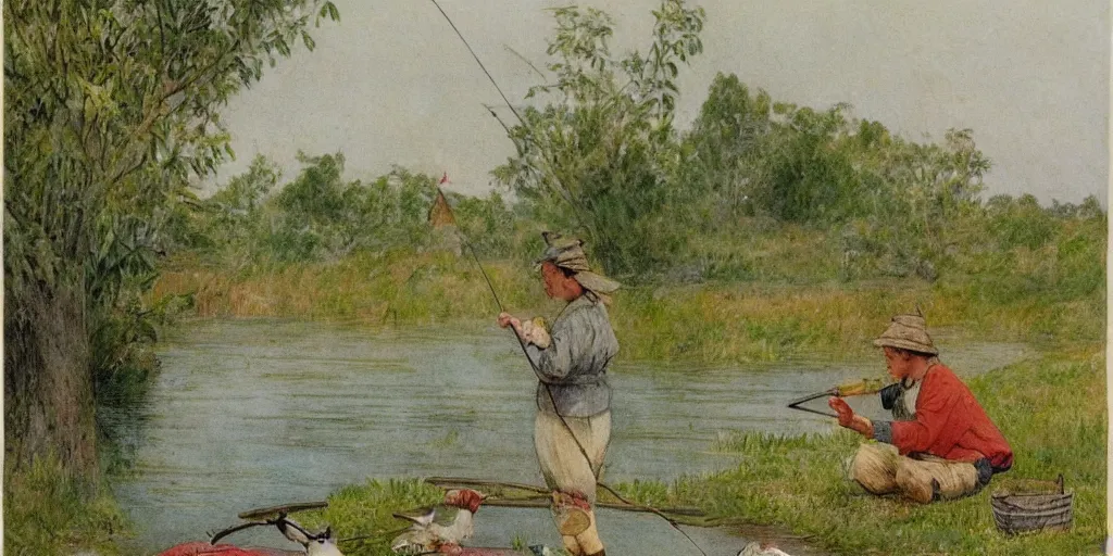 Image similar to a rabbit fishing by a calm lake, in the style of carl larsson