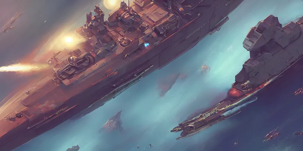 Prompt: 1400's battleship featured in no mans sky concept art, highly detailed, soft colors, art by by Charlie Bowater, by Mark Brooks