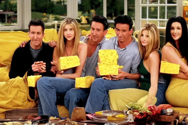 Image similar to the episode of Friends where everyone gets covered in vermont yellow cheese