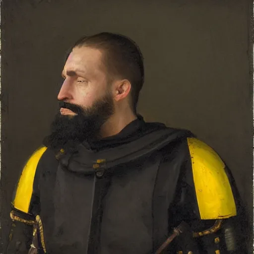 Image similar to Medium closeup shot frustrated and acerbic male bearded Imperial soldier wearing a {black and yellow tabard} over a steel breastplate and a black gambeson leaning over a table, by Raymond Swanland Greg Rutkowski Lise Deharm, {perfect face}, {perfect eyes}, {perfect body}, {hands planted on war table while standing},