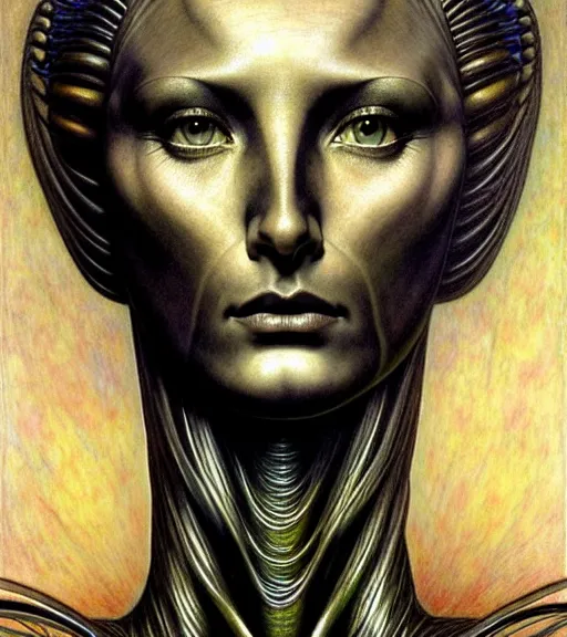 Image similar to detailed realistic beautiful young cher alien robot as queen of mars face portrait by jean delville, gustave dore and marco mazzoni, art nouveau, symbolist, visionary, gothic, pre - raphaelite. horizontal symmetry by zdzisław beksinski, iris van herpen, raymond swanland and alphonse mucha. highly detailed, hyper - real, beautiful