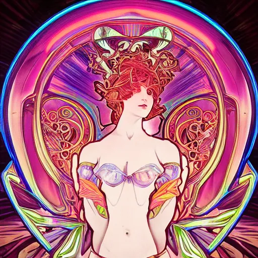 Image similar to incredible digitized fractalizing infinity girl of innocence and macabre intent eyes glowing iridescent volumetric neon by alphonse mucha yoji shinkawa biomorphic trompe l'oeil