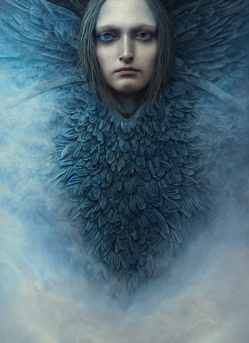 Prompt: Her huge ominous glowing blue eyes staring into my soul , perfect eyes, agostino arrivabene, WLOP, Tomasz strzalkowski, detailed face, 8k portrait render, raven angel wings, beautiful lighting, dark fantasy art, rococo, gold filigree, cgsociety