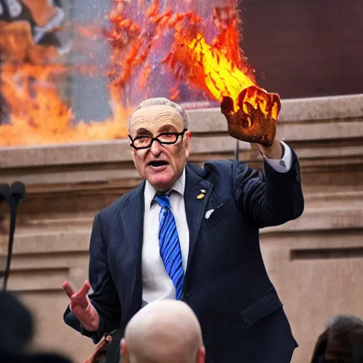 Prompt: Chuck Schumer summoning fire, lightning, and intense energy