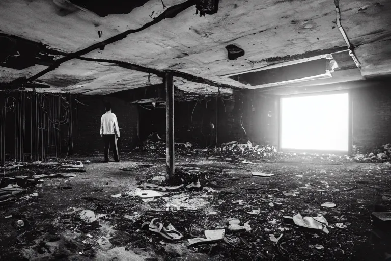 Prompt: a man in black in leather, watching a black hole forming in the grimy grungy basement of an abandoned apartment block, wires, cables, grainy black and white photography