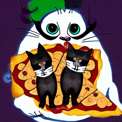 Prompt: oh my god, the pizza is insulting my cats, someone call the ghostbusters, digital art
