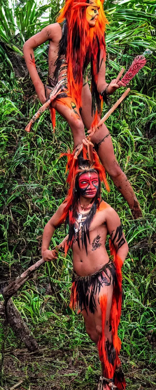 Prompt: teenager, flaming hair, indigenous body paint, Amazon indigenous ornaments, Amazon tribes clothing, Amazon rainforest background, crescent moon, night, angry, red eyebrows, action pose, holding spear, anime artstyle