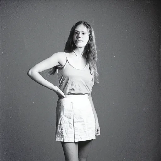 Prompt: 1970s studio portrait of a beautiful hippie girl with only a miniskirt on, medium format photography,