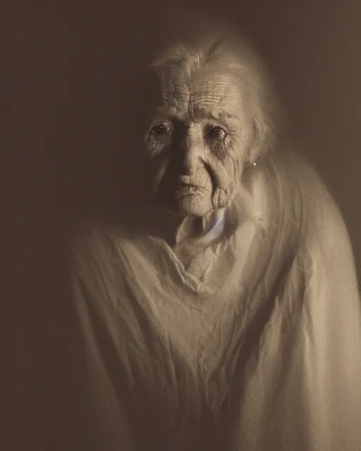 Prompt: a portrait of an old woman standing by my bed at night, photorealistic horror, ultra realistic, dark gloomy, 4 k resolution