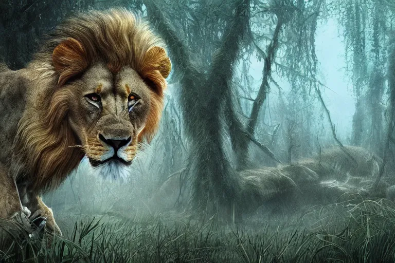 Image similar to CROSS HYBRID between lion and SNAKE roaming the swamps, cinematic, digital art, photorealistic, artstation