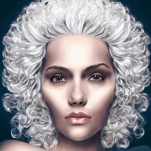 Prompt: Portrait of a beautiful woman, white hair, curly hair, detailed digital art