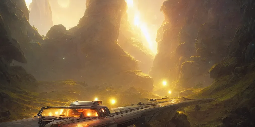 Image similar to galactic highway, stephen bliss, unreal engine, fantasy art by greg rutkowski, loish, rhads, ferdinand knab, makoto shinkai and lois van baarle, ilya kuvshinov, rossdraws, tom bagshaw, alphonse mucha, global illumination, radiant light, detailed and intricate environment