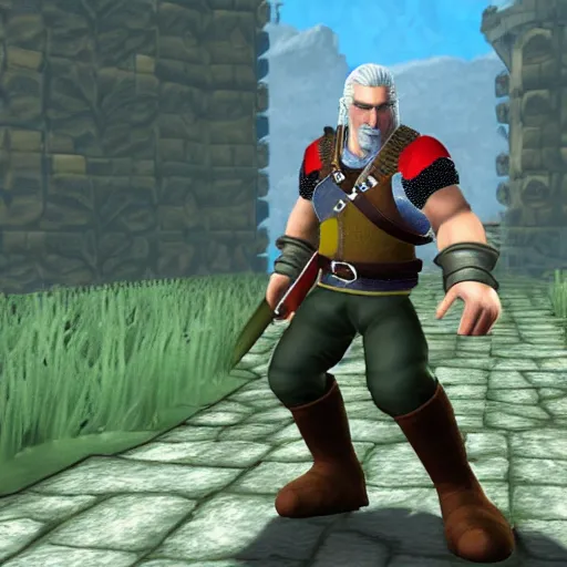 Prompt: Geralt of Rivia in New Super Mario Bros, screenshot, nintendo wii videogame