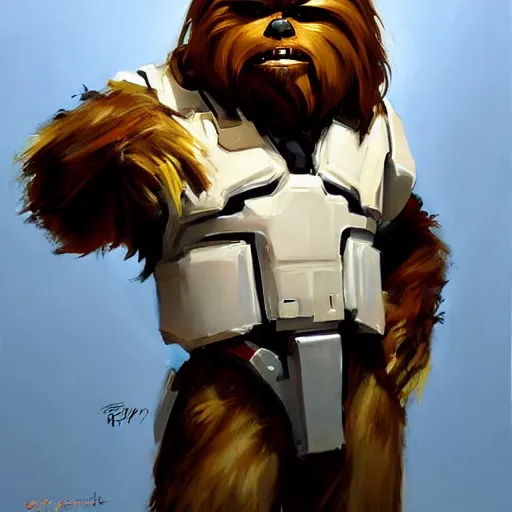 Image similar to greg manchess portrait painting of chewbacca as overwatch character, medium shot, asymmetrical, profile picture, organic painting, sunny day, matte painting, bold shapes, hard edges, street art, trending on artstation, by huang guangjian and gil elvgren and sachin teng