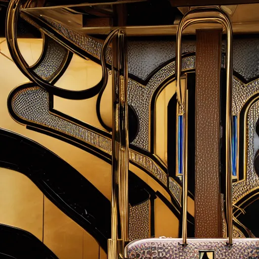 Image similar to a luxury handbag in year 3000, art-deco style, in entrance hall of an art-deco skyscaper, photography , official vuitton editorial , highly detailed