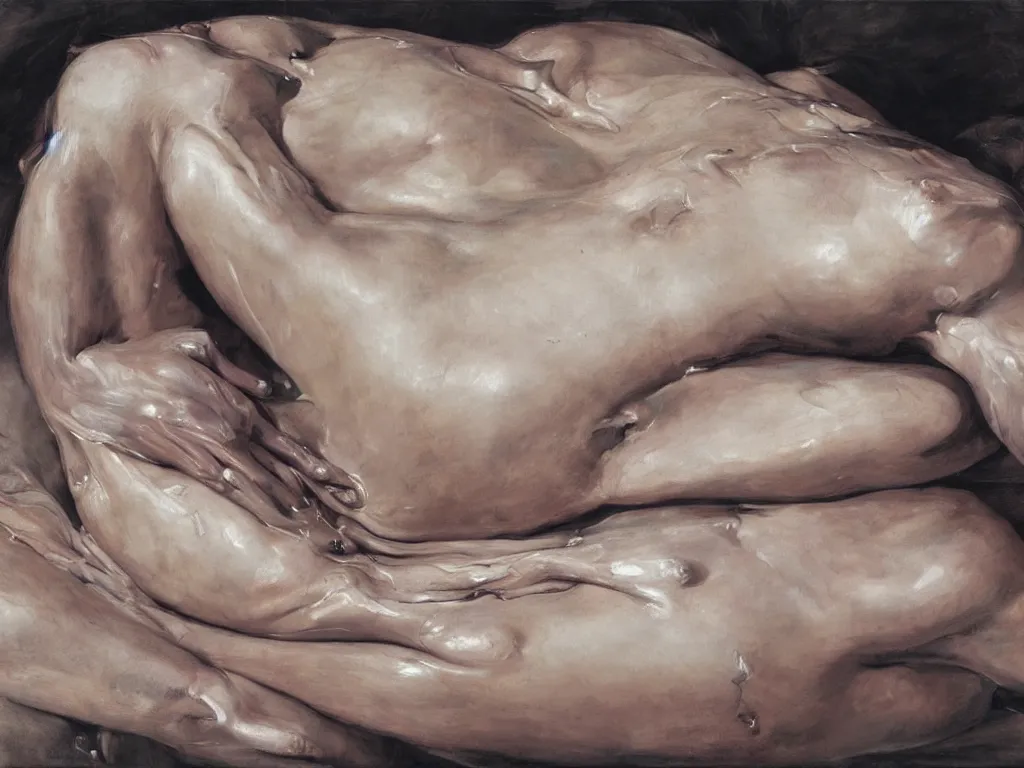 Image similar to Jenny Saville female body on a bed made of water