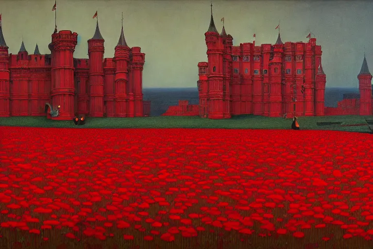 Image similar to only with red, red flowers of different types, red castle in background, red medieval big fat goblins, in the style of beksinski, parts by edward hopper, parts by rodcenko, parts by yue minjun, intricate and epic composition, red by caravaggio, insanely quality, highly detailed, masterpiece, red light, artstation, 4 k