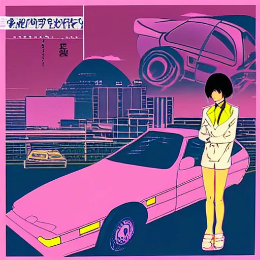 Prompt: album - cover of a 1 9 8 0 s japanese city - pop record featuring an anime illustration by mizucat. cute stylish woman ; sports car ; neon ; urban summer drive.