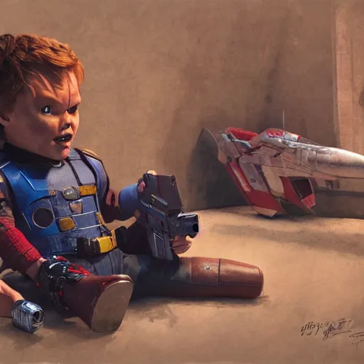 Prompt: the actor chris pratt as star lord sitting beside the doll chucky from child's play, inside a starship, oil painting, by greg rutkowski