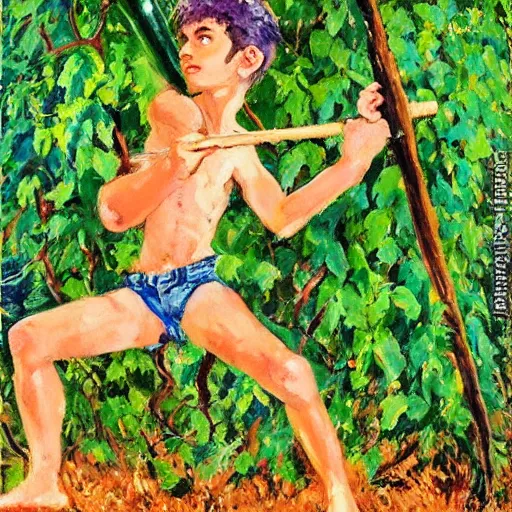 Image similar to a leroy neiman painting of a fourteen year old boy, swinging a machete at a large monster made of vines and plants, dynamic pose, bat swing pose