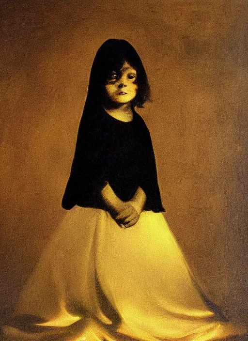 Image similar to shadows in the dark lurking on a lost little girl wearing a gold cloak, backlight, creepy, extremely realistic and highly detailed painting by francisco goya, soft light, gold ratio