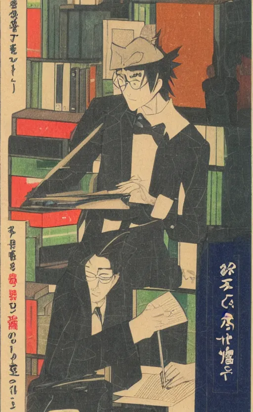 Prompt: by akio watanabe, manga art, portrait of male writer doing his work, bookshelf, vibrant colors, trading card front, realistic anatomy