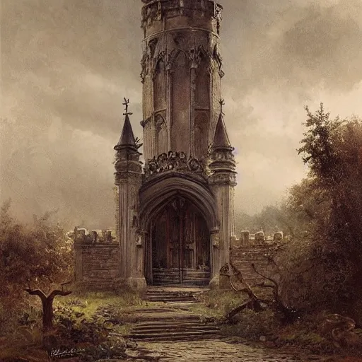 Image similar to Jean-Baptiste Monge and Alex Ross a artwork of a gothic revival castle gatehouse