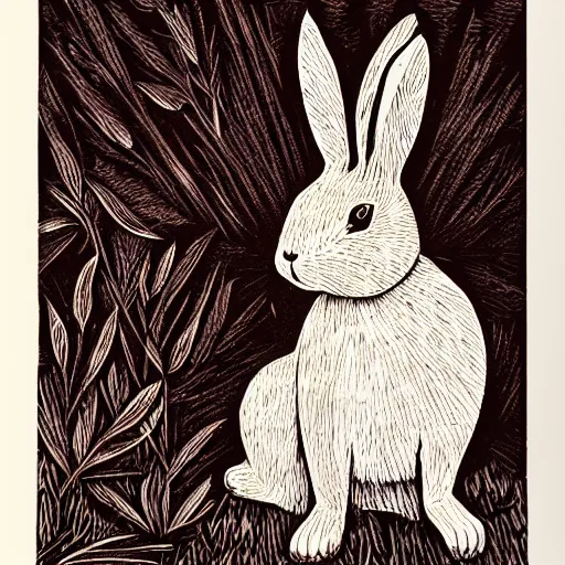 Prompt: rabbit woodcut print by Julie de Graag