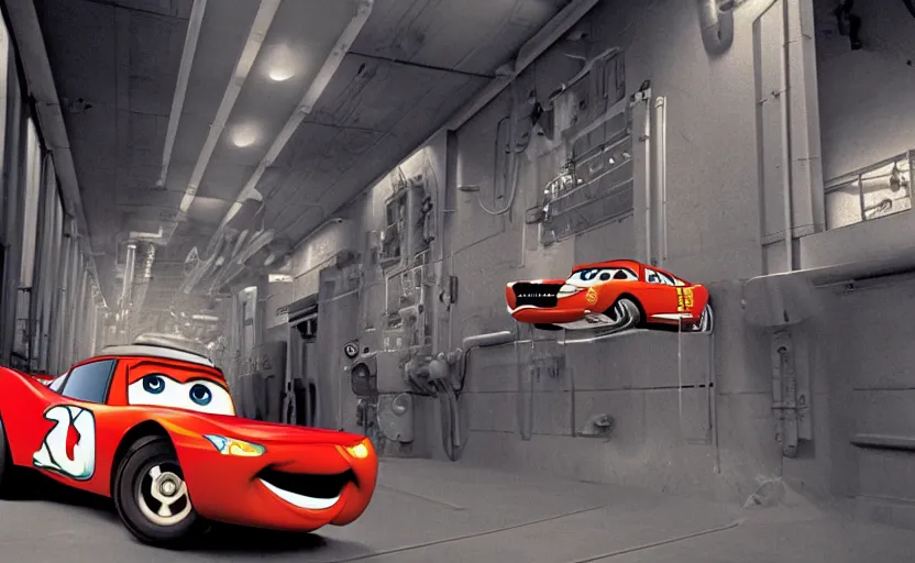 Prompt: lightning mcqueen and mater from cars in an endless spiral mirror hallway, romance novel cover, in 1 9 9 5, y 2 k cybercore, industrial photography, still from a ridley scott movie