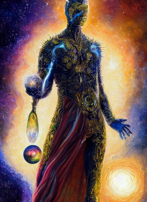 Image similar to high intricate painting of the sandman holding a glimmering galaxy, full shot, neil gaiman, maria panfilova, andrea savchenko, mike kime, ludovic plouffe, qi sheng luo, oliver cook, julian calle, eddie mendoza, trending on artstation