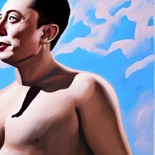 Image similar to photorealistic painting of Elon Musk wearing a bikini