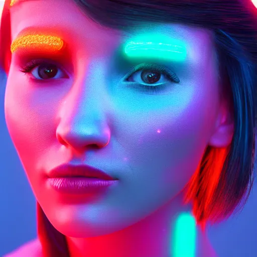 Image similar to a girl glowing with neon colors in the middle of a beautiful desert sunrise,high detail of the face, high detail, high modernization, high stylization, photorealistic, 8k resolution, octane render, unreal engine