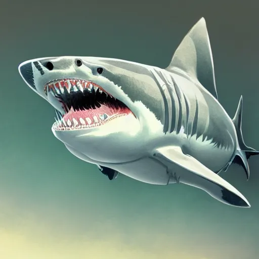 Image similar to great white shark, side view, with a silver and orange striped traffic cone on its dorsal fin - ron cheng & alphonse mucha, highly detailed, digital painting, ray tracing, concept art, illustration, smooth sharp focus, intricate, symmetry, artstation,