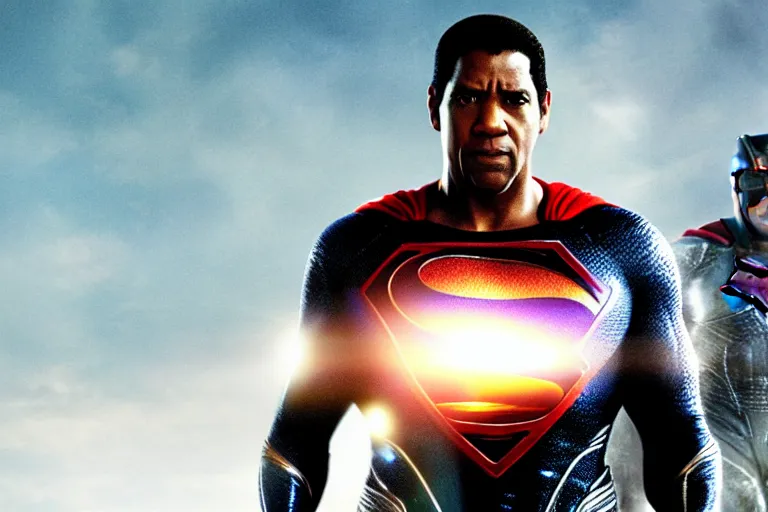 Prompt: film still of Denzel Washington as Superman in Justice League movie, 4k