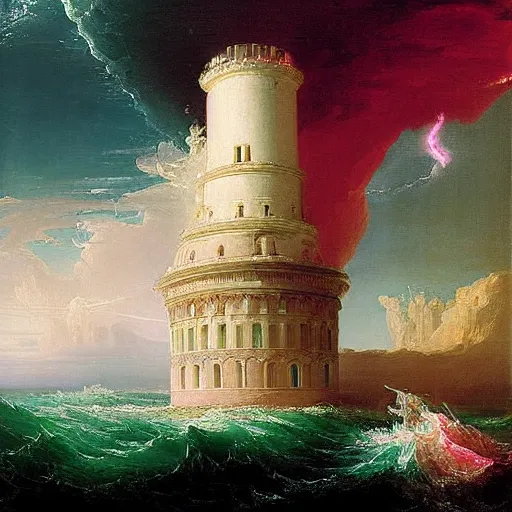 Image similar to a delicate ornate white fantasy tower with pink and green decoration splashes upwards from a turbulent ocean, dramatic lighting, rich colors, beautiful painting by Thomas Cole