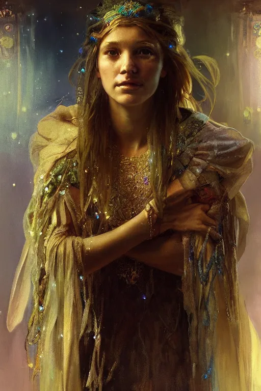 Image similar to hyperrealist portrait of a girl emperorit is decorated with long robes that fall like stars. by jeremy mann and alphonse mucha, fantasy art, photo realistic, dynamic lighting, artstation, poster, volumetric lighting, very detailed faces, 4 k, award winning