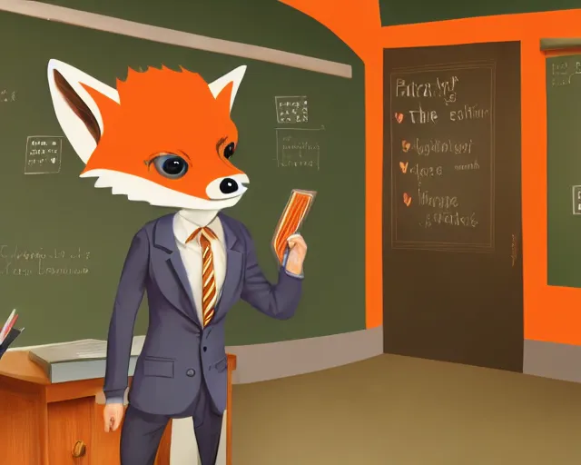 Image similar to award - winning extremely detailed fantasy art of a cute male anthropomorphic vulpes vulpes fulva teacher wearing suit working at a school, 4 k cinematic still, dramatic lighting