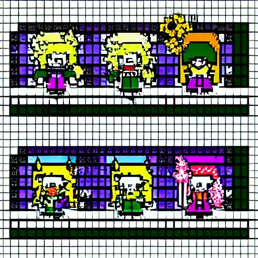 Prompt: ralsei, kris and susie from deltarune walking friendly village in winter, pixel art, 8 bit