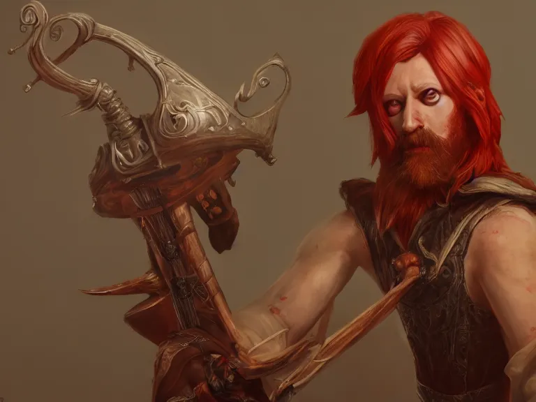 Prompt: Red Headed Slender Male Bard looking Shifty, RPG Character Reference, Oil Painting, Trending on Artstation, octane render, Insanely Detailed, 8k, HD